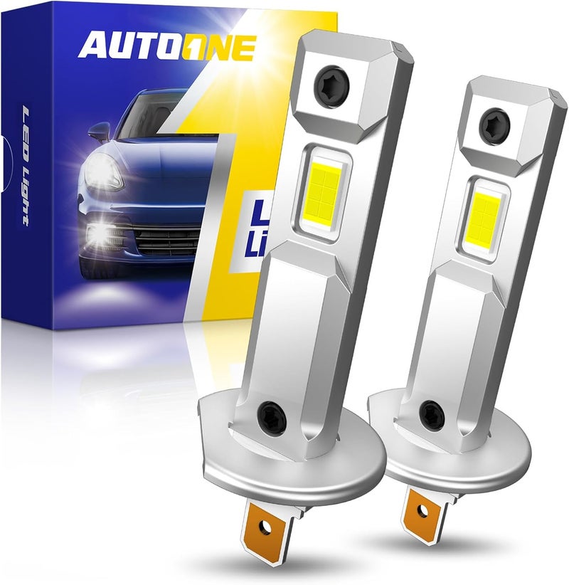 AUTOONE H1 LED Bulbs, 40000LM 800% Ultra Bright, 6500K Cool White 1:1 Mini Halogen Size Accessory Fog Light, 60000HRS+ Lifespan, Non-polarity Plug and Play, Pack of 2 - Image 1